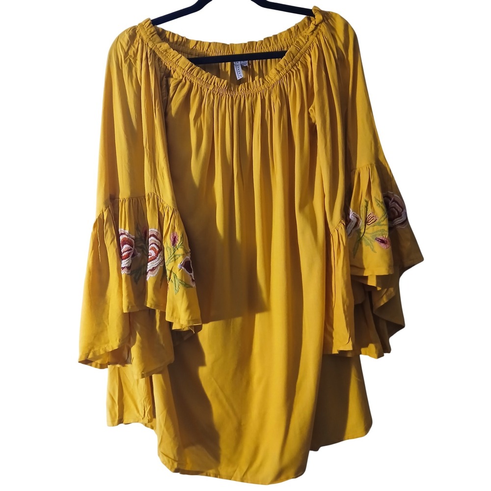 Feathers Mustard Yellow Floral Embroidered Bell Sleeve Off Shoulder Blouse XL - Picture 4 of 10
